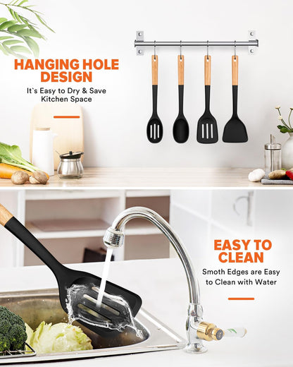 Silicone Cooking Utensils Set, Perfectly Angled for Frying, Mixing,Serving,Draining,Turning and Stirring, BPA-Free Matte Silicone, Wood Handles, Safe for Nonstick Cooking Surfaces,4 Pack (Black)