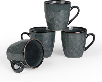 famiware Coffee Mugs Set of 4, Ocean Round 11.5oz Coffee Cup Set with Handle for Cocoa, Milk, Hot Chocolate, Stoneware Cups for Kitchen, Reactive Glaze, Microwave Dishwasher Safe, Deep Forest