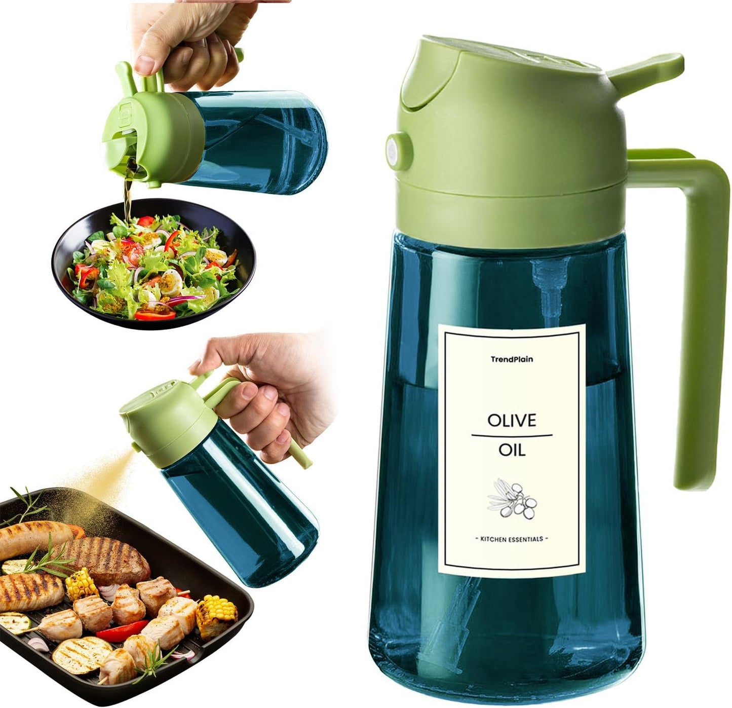 TrendPlain 16oz/470ml Blue Glass Olive Oil Sprayer for Cooking - 2 in 1 Olive Oil Dispenser for Kitchen Gadgets, Air Fryer, Salad, and BBQ - Green
