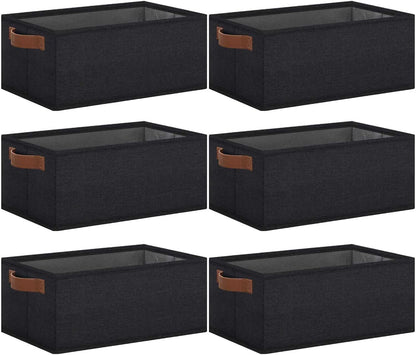 GhvyenntteS Small Fabric Storage Bins 6 Pack, 11.8" x 7.87" x 5.11" Storage Basket with Leather Handles, Closet Storage Bins for Shelves, Storage Baskets for Shelves, DVD Storage (Black)