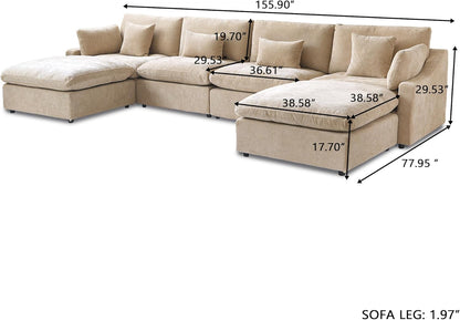 JACH U-Shaped Sectional Couches for Living Room, Cloud Sectional Couch with Deep Seat, 155.9" Modular Sofa with Chaise, Covers Removeable & Washable, Sofas Furniture for Living Room, Khaki