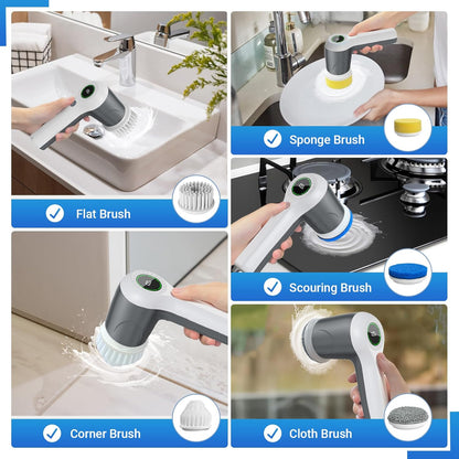 Electric Spin Scrubber, Cordless Shower Scrubber with Battery Level Display, 2 Speeds Electric Scrubber for Cleaning with 6 Replaceable Heads, Cleaning Brush for Bathroom/Sink/Window (Gray)