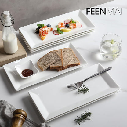 12" Serving Platters Set of 4, White Rectangular Plates, Ceramic Serving Tray, Stackable Large Party Plates for Appetizer, Dessert, Steak, Sushi, Housewarming, Oven Dishwasher Safe