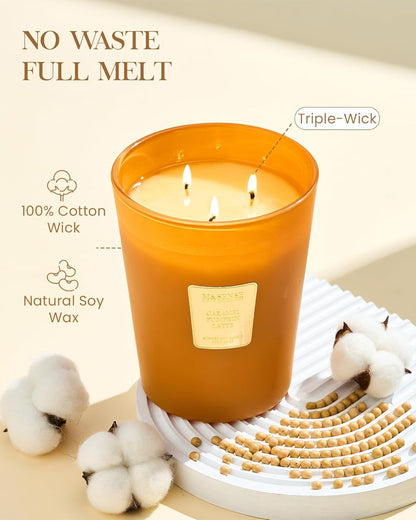 M&SENSE Large Candles Caramel Pumpkin Latte Scented, 3 Wick Natural Soy Candles for Home Scented, 150H Long Lasting Slow Burn Jar Candle 35oz, No Toxic Aromatherapy Candle for Stress Relief