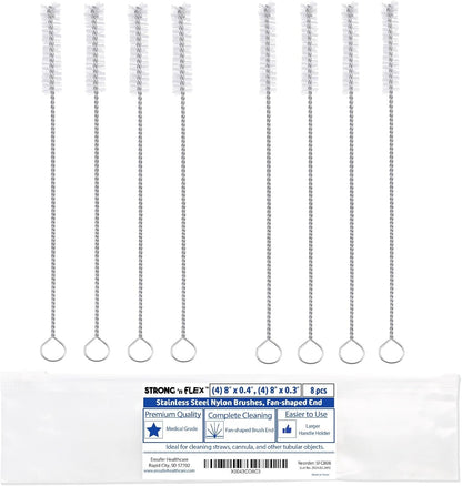 Strong 'n Flex Nylon Straw Cleaner Brushes – Fan-Shaped End for Tight Spaces, Ideal for Reusable Straws, Water Bottles, Sippy Cups & Pipes – Includes Zippered Pouch – 8" Long – Set of 8