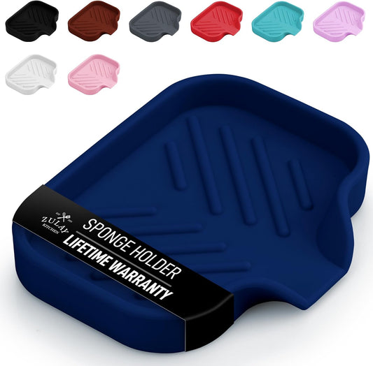 Zulay Kitchen Small Silicone Sponge Holder (4.9x3.3”) – Space-Saving Sink Organizer Tray for Sponge, Soap, Brush & More – Compact Non-Slip Dish for Kitchen & Bathroom (Dark Blue)