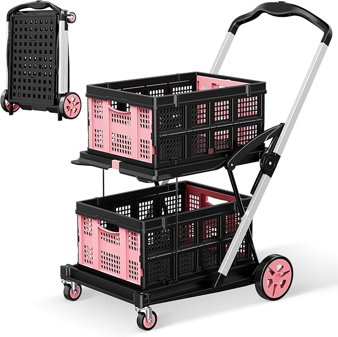 Collapsible Shopping Cart, 8-in-1 200LBS Multi Functional Utility Cart with 2 Storage Crate,Adjustable Handle Grocery Cart on Wheels for Shopping/Warehouse/Office/Supermarket