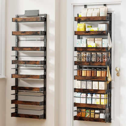 8 Tier Over The Door Pantry Organizer, 2 IN 1 Wall Mount or Metal Hanging Spice Rack for Pantry Organizers and Storage, Seasoning Shelves，Adjustable Basket with Hooks for Kitchen, Bathroom,Laundry
