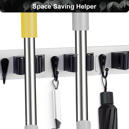 Broom Holder Wall Mount With 5 Slots & 4 Hooks，Rustic Wood Broom & Mop Hanger，Wall Mounted Garden & Garage Tool Storage Organizer Rack for Closet Laundry Room or Kitchen Wall Decor White