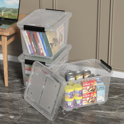 Zopnny 30 Quart Plastic Stacker Box, Large Storage Bin Container with Latching Lids and Wheels for Home and Garage Organizing, Shoes, Tools, Clear Base, 4-Pack