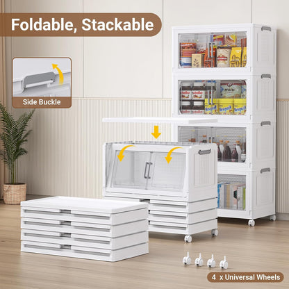 BROVIEW 324 Qt Plastic Storage Bins with Lid, Doors & Wheels, 3Pack Extra Large Stackable Collapsible Storage Bins, Closet Organizers and Storage Drawer, Foldable Cabinets for Home Office, White