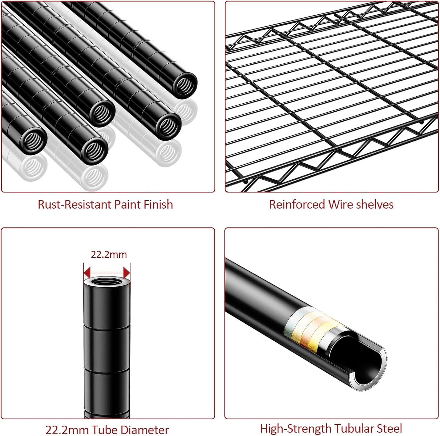 IZEUK 5-Tier Heavy Duty Metal Storage Shelving Unit (Black, 17.7" D x 47.2" W x 72.3" H, 1750 lbs Capacity), Adjustable Steel Wire Rack Shelf Organizer for Garage, Kitchen, Basement, Laundry, Office