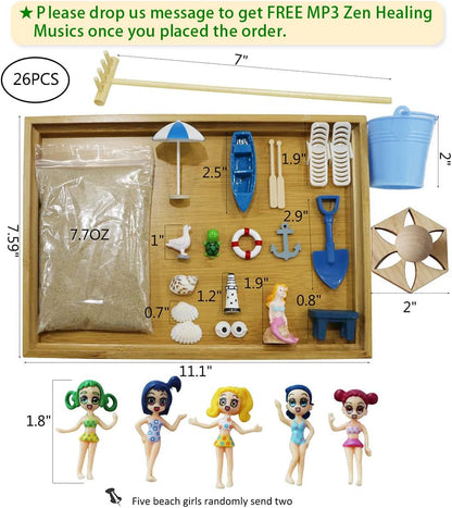 Desktop Miniature Beach Zen Garden - Mini Home Office Tabletop Sandbox Bamboo Rakes Stamps Tray Tool Accessories Kit Meditation Relaxation Decor - Stress Relief Therapy Gifts Kids Adult Father Mother