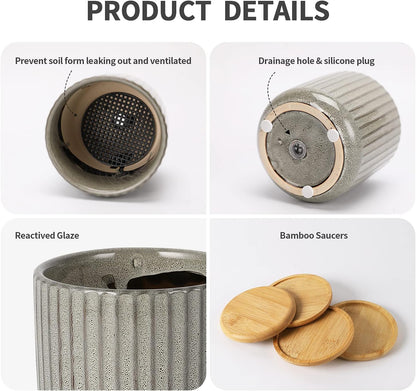 TAMAYKIM 4 Inch Cylinder Ceramic Plant Pots with Drainage Holes & Saucers, Glazed Green Grey Small Boho Planters with Trays for Indoor Flower, Snake Plants, Succulent, Cactus, Set of 4