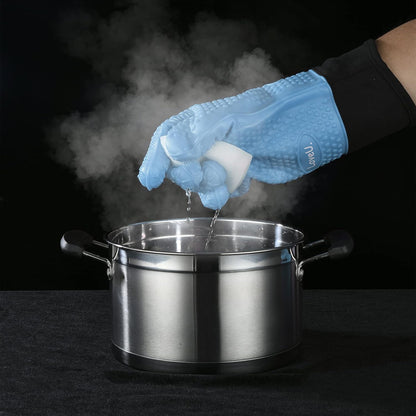 Kitchen Oven Gloves - Dual-Layer Heat Resistant Grilling Gloves, Silicone Oven Mitts with 5 Fingers, Waterproof Non-Slip Pot Holder for Barbecue, Cooking, Baking (Blue, Long)