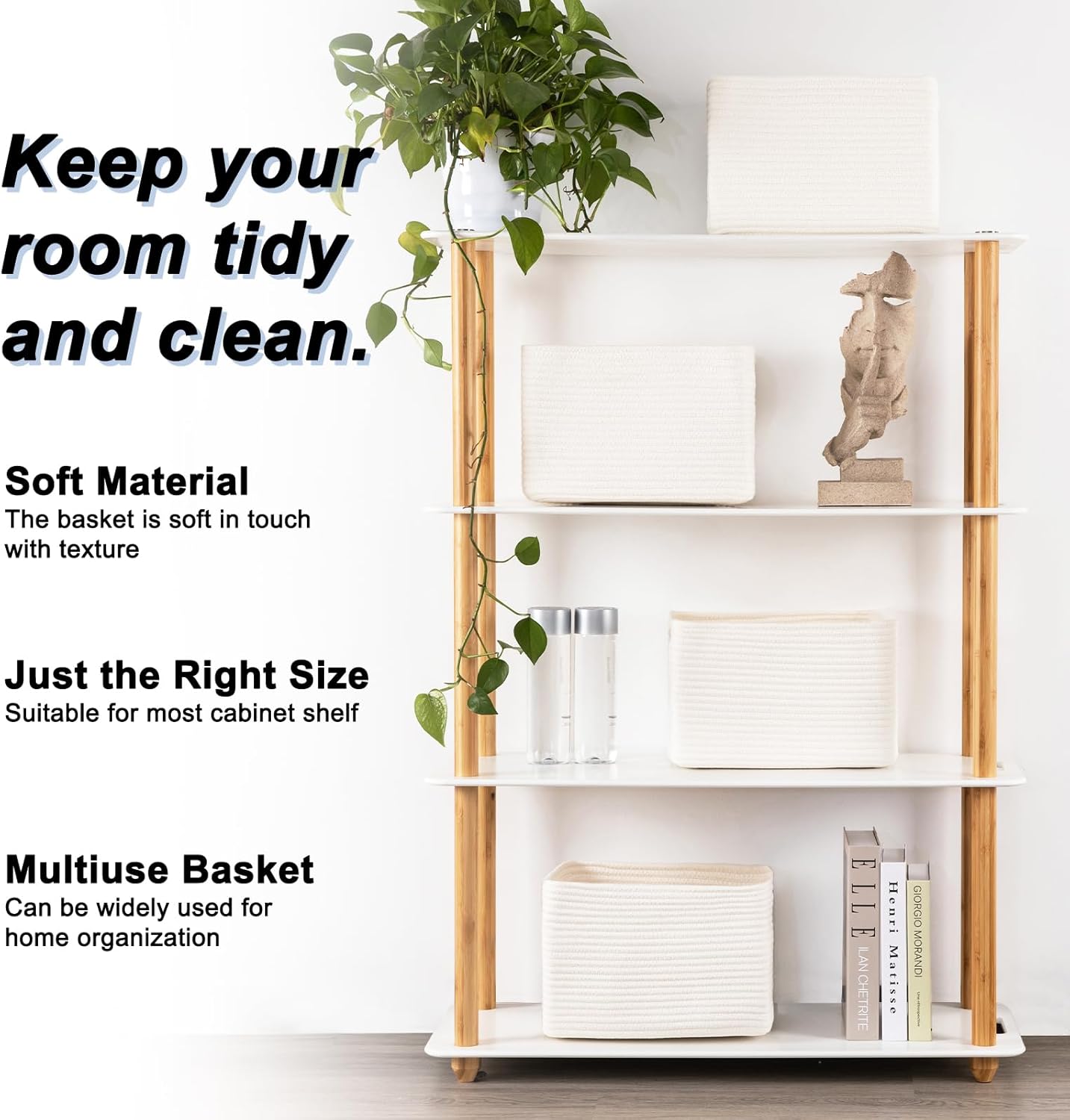 4 Pack Storage Baskets for Organizing, Woven Baskets for Shelves - Perfect for Toys, Books, Towels, and Clothes, Durable Gift Basket Bins Toy Storage, 12.7''L x9''W x7.8''H, White