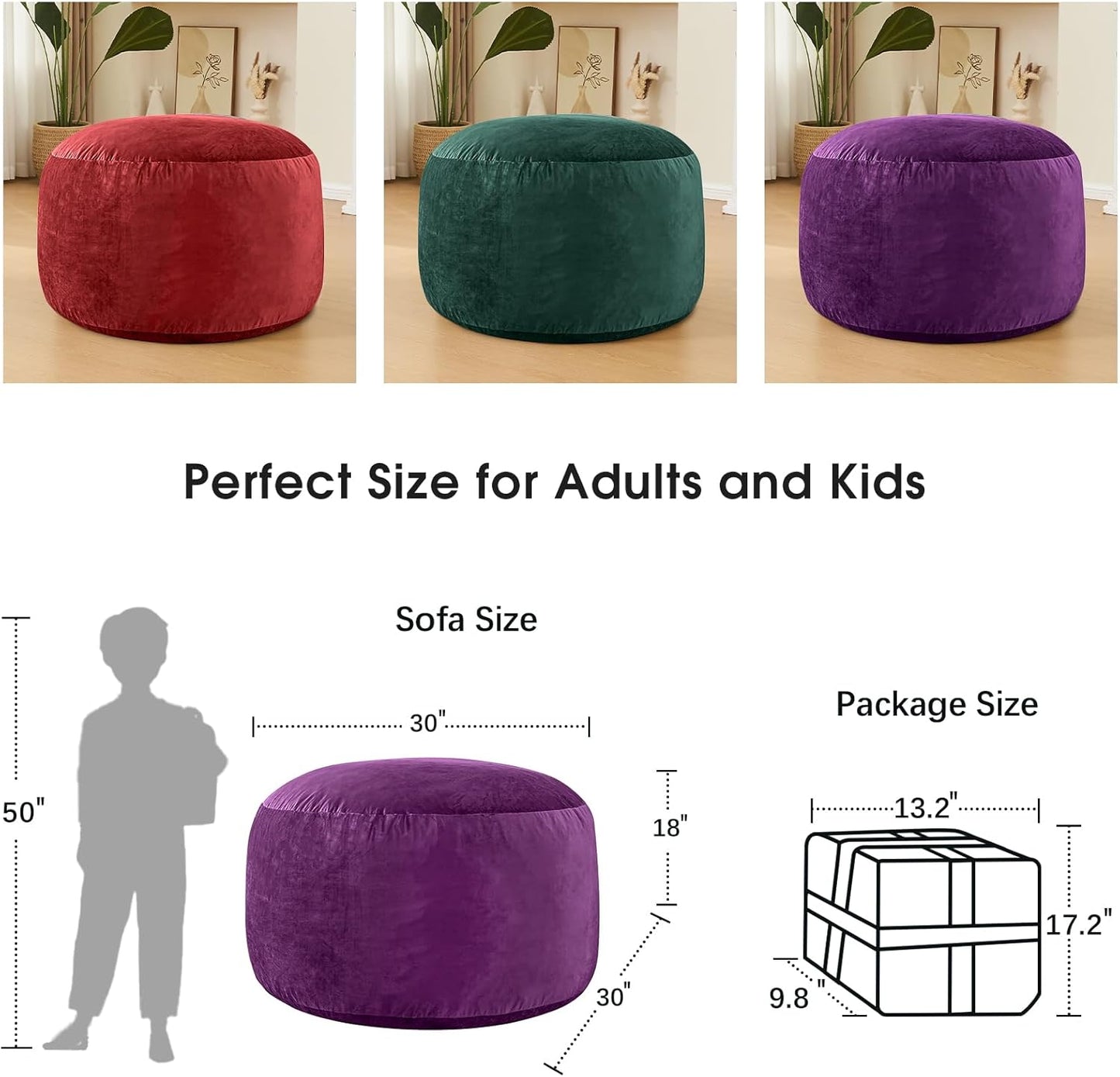 Bean Bag Chairs for Kids - Memory Foam Furniture BeanBag Chair - Kids/Teens Sofa with Soft Micro Fiber Cover - Round Fluffy Couch for Living Room Bedroom College Dorm - 2.5 ft, Purple