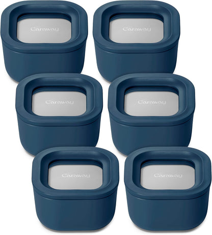 Caraway 6pc Food Storage Container Set - 1.75 Cup Glass Storage Container for Food (6) - Non-Toxic Ceramic-Coated Glass - Air Release Technology - Compact & Stackable Design - Navy