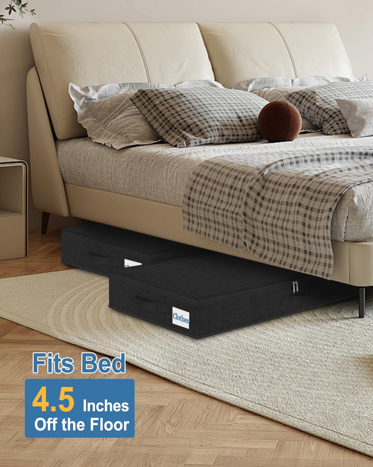 Cirhy Under Bed Storage Containers, 4.5 Inch Tall Low Profile Under Bed Storage with Sturdy Sidewalls & Bottom, UnderBed Storage for Clothes,Shoes, Pillow, Blankets Organizer, 2 Pack Black
