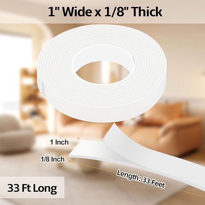 1 in Wide x 1/8 in Thick x 33FT Foam Weather Stripping Door Seal,Window Sealing Tape，Single-Sided Self-Adhesive Insulation Sealing Strip White