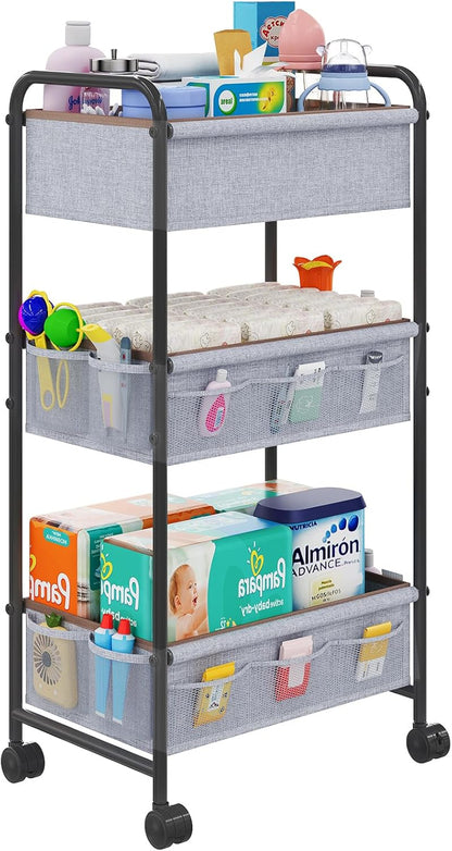 3-Tier Baby Diaper Caddy Cart Organizer with 2 Dividers & 14 Mesh Pockets - Black Mobile Nursery Storage Cart with Wheels, Durable Metal Utility Cart for Nursery, Bedroom, Baby Essentials Organization