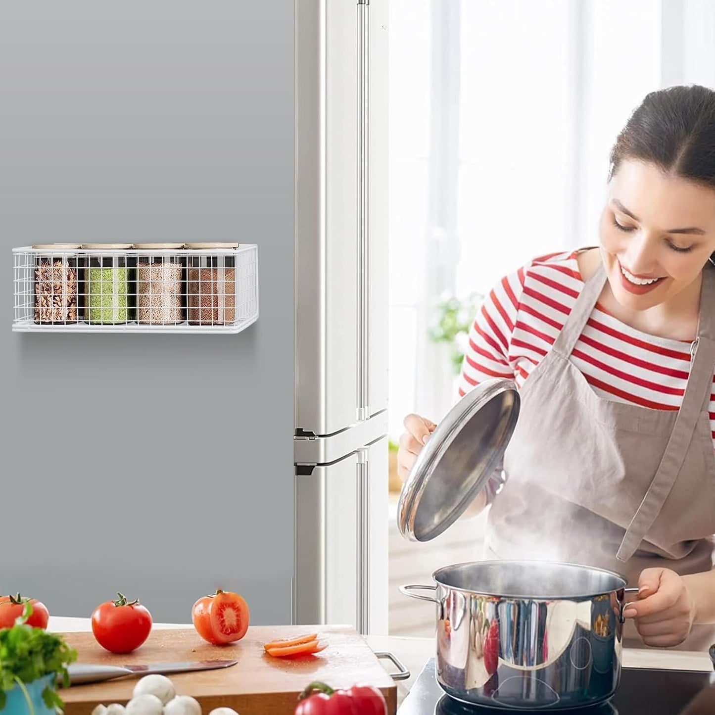 Magnetic Stotage Basket, Magnetic Shelf for Fridge, Magnetic Spice Rack Wire Mesh Magnetic Organizer Holder Accessories for Office Kitchen Classroom Storage,White, 9.44" x 4" x 3.14"