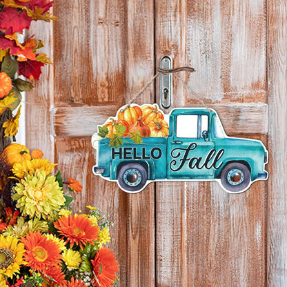 Fall Door Hanger - Pumpkin Welcome Sign, Hello Fall Wood Hanging Decors, Rustic Thanksgiving Decorative for Porch, Indoor Outdoor Autumn Door Decor(Truck), Housewarming Gift, Home Indoor Outdoor Deco