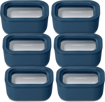 Caraway 6pc Glass Food Storage Set - 2.6 Cup Storage Containers For Food (6) - Non-Toxic Ceramic-Coated Glass - Air Release Technology - Compact & Stackable Design - Navy