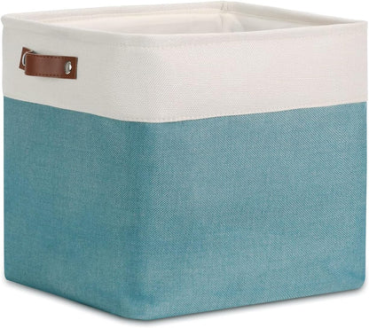 DULLEMELO Cube Basket for Storage, Collapsible Fabric Cube for Organizing, Storage Cube for Closet, Laundry, Nursery, Shelves, Decorative Basket for Gifts Empty (White&Teal)