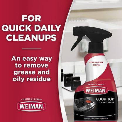 Weiman Glass Cooktop Cleaner & Polish For Daily Use on Ceramic, Induction Stove Top, Removes Grease & Oily Residue, Streak Free Shine, 12 oz, 2 Pack, Micro Fiber Buffing Towel