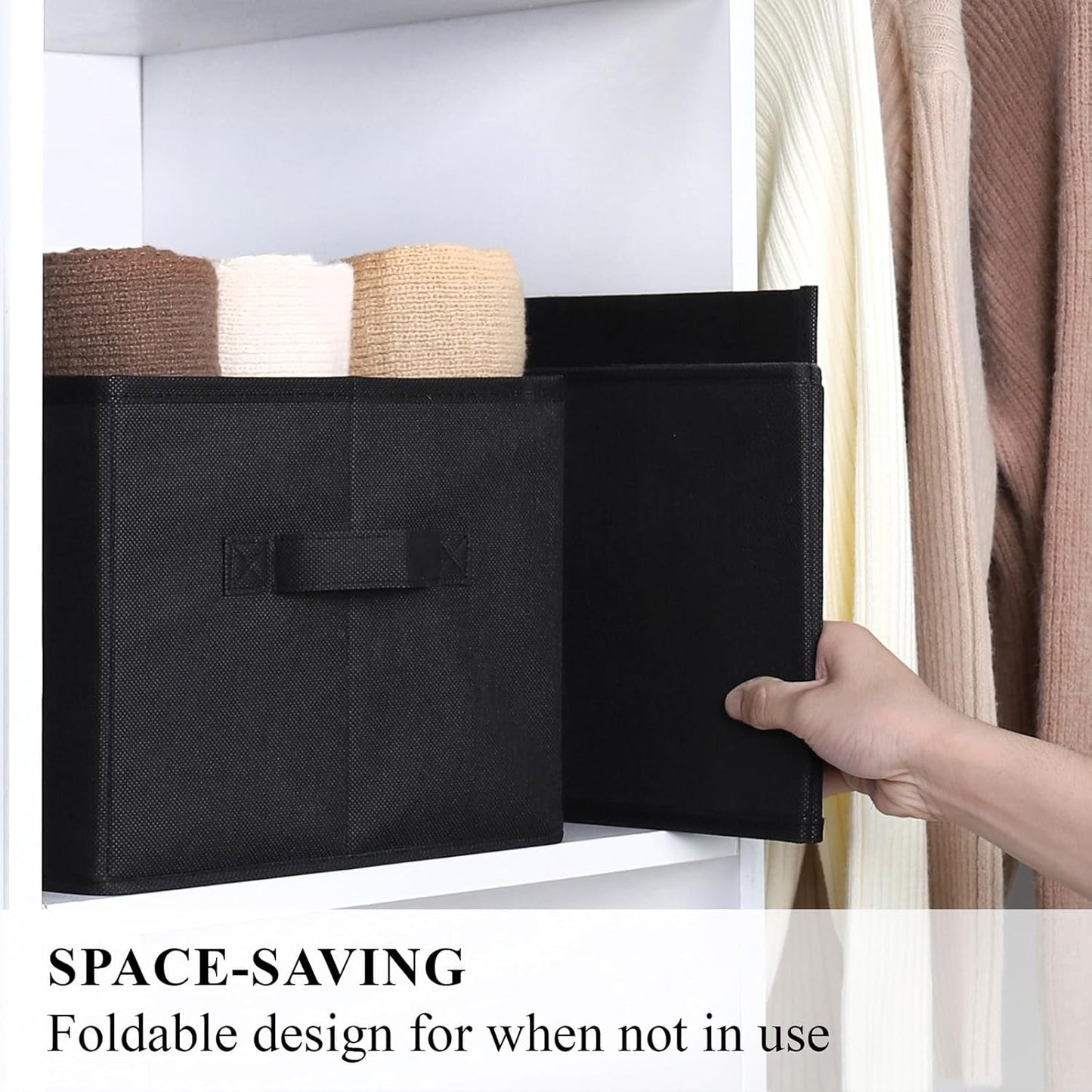 WUIKE Foldable Fabric Storage Bins with Handles, Closet Storage Baskets for Shelves and Clothes Organization, Large Black Shelf Baskets, 3-Pack, Black, Large