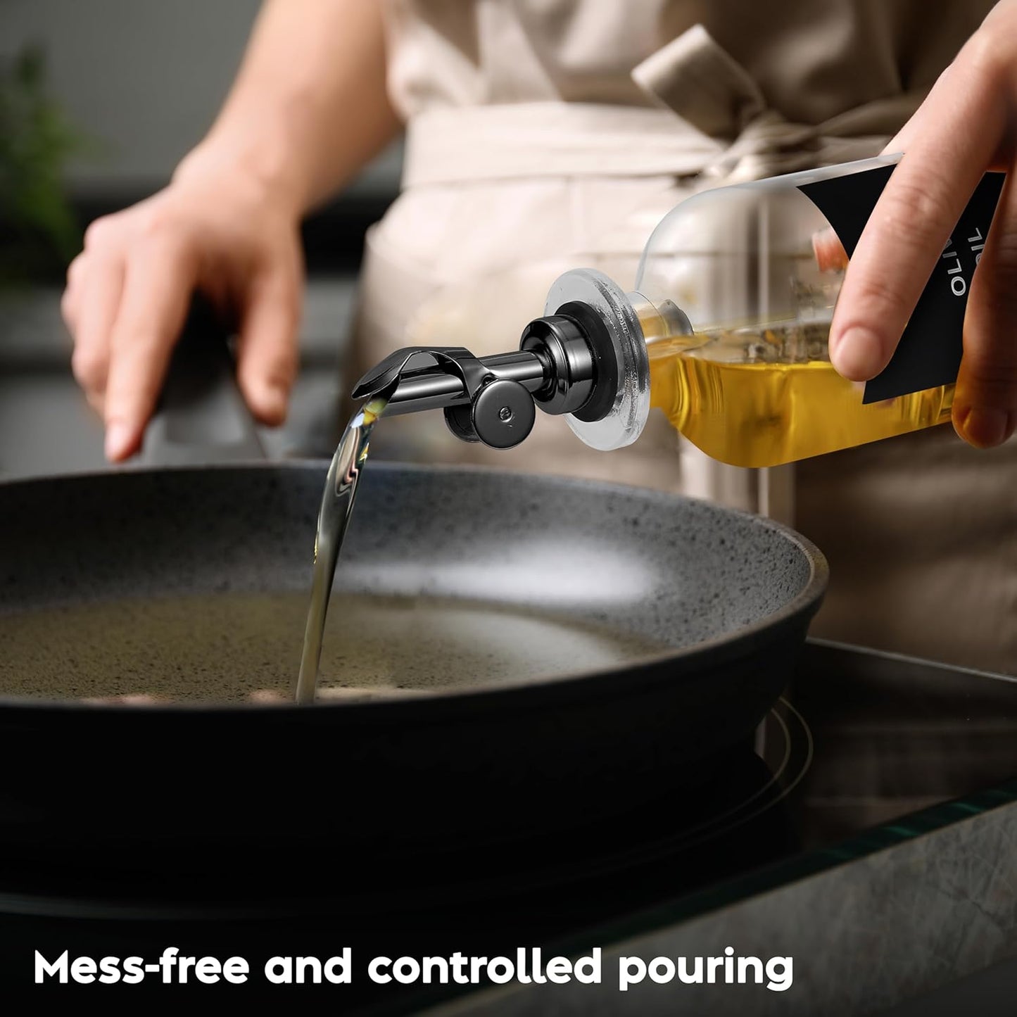 Olive Oil Dispenser Bottle - Includes 55 Kitchen Essential Labels - Cooking Oil Bottles for Kitchen, Coffee Syrup Dispenser - Pourer Spout with 11.8 fl oz Glass Container Cruet - 2pcs, Black