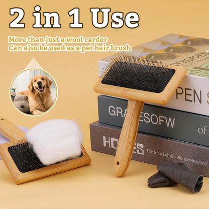 2 Pcs Large Wooden Wool Carders, Needle Felting Carding Brushes Tools with Finger Cots, Wool Needle Felting Brushes for Wool Felting, Spinning Crafts, Pet Grooming
