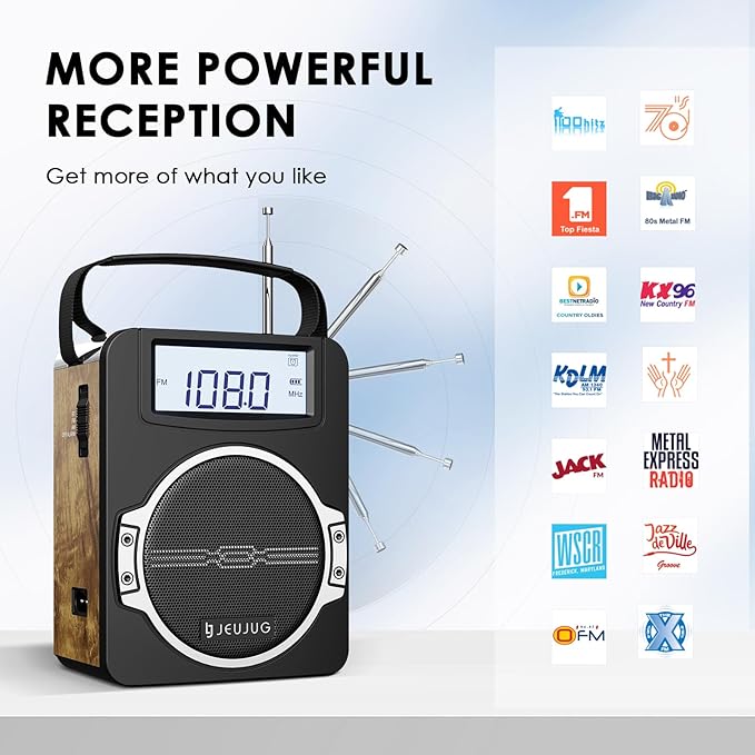 Radio Portable AM FM Digital Radios Clock Radio with Bluetooth 5 Watts Loud Speaker Rechargeable AM FM Radios Plug in Wall Battery Operated Best Reception for Home Outdoor Great Retro