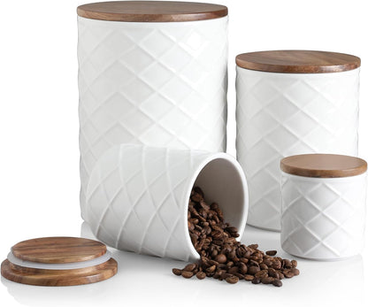 Sweejar Ceramic Canisters Sets for Kitchen Countertop, Relief Food Storage Jar with Bamboo Lid, Stackable Container for Flour, Coffee, Pasta, Cereal, Tea, Sugar, Spices, Pack of 4 (Walnut White)