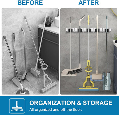 IMILLET 2 Pack Wall Mount Broom Holder Stainless Steel 5 Racks with 4 Hooks Broom Organizer Self Adhesive Heavy Duty Laundry Room, Garage Organization Storage