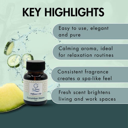 G's Breeze Cucumber Melon Diffuser Oil Refill - Refreshing, Sweet & Juicy Aroma, 48 Hour Long-Lasting Scent, Odor Eliminating Fragrance for Home & Office - 60 ML