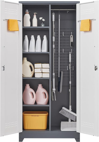 Garage Storage Cabinet,Broom Closet with Lock,Locking Cabinets with Hanging Rod & S-Hooks for School,Garage,Grey-White