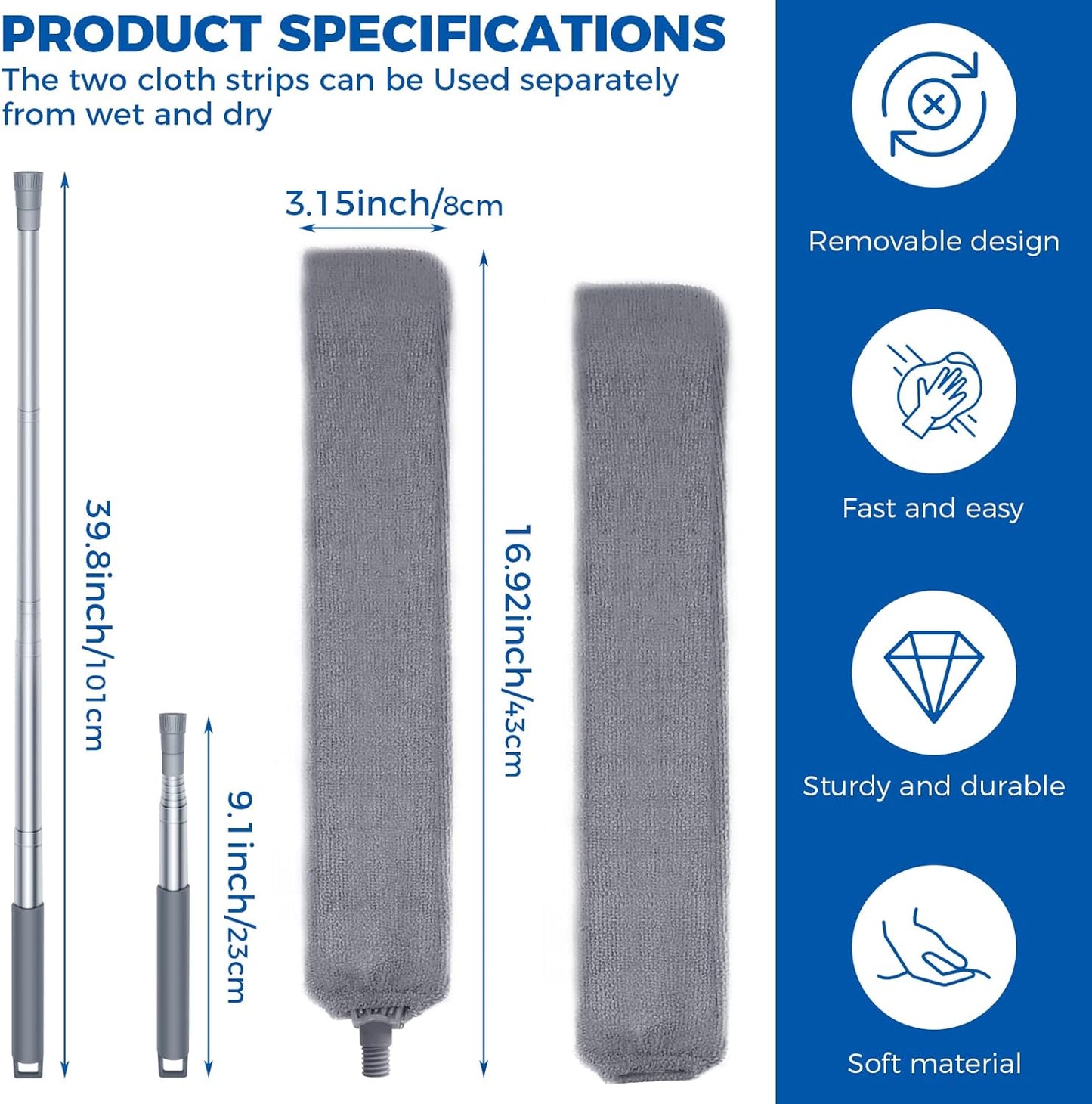 Retractable Gap Dust Cleaner Cleaning Tools with 2 Microfiber Dusting Cloths Long Handle 60inches Washable and Retractable Duster Brush for Cleaning Under Appliances Furniture Couch Fridge