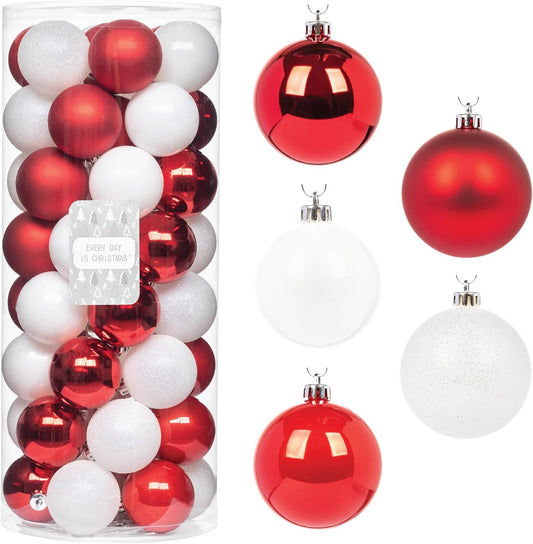 Every Day is Christmas Ornaments, Shatterproof Christmas Tree Ornament Set, Christmas Balls Decoration 50 Count (2.24"/57mm, Red White)