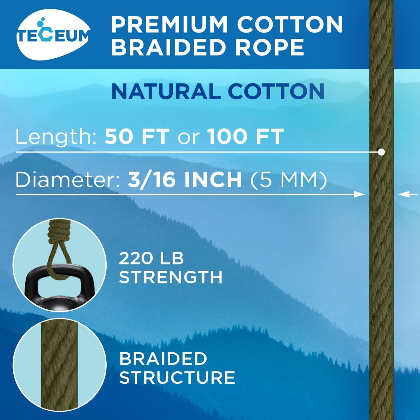 TECEUM Cotton Rope 3/16” (5 mm) – 100 FT – Strong All-Purpose Braided Rope – Natural Cotton – for Crafting, Сamping, Clothes Line, DIY, Indoor & Outdoor Use – Army Green