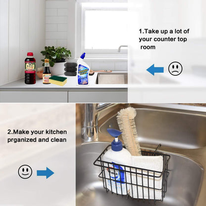 Kitchen Sponge Holder, Dish Brush Holder, Slim Sink Organization/Draining Basket/Liquid Drainer/Water Trough Rack, Kitchen Essential Tools, 304-Stainless Steel (Black)