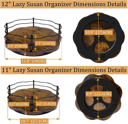 2 Pack, 11" & 12" Wooden Lazy Susan Turntable with Higher Metal Sides, 360° Rotating Lazy Susan Organization and Storage for Cabinet, Table Top, Kitchen, Countertop, Dining Table, Pantry, Coffee Bar