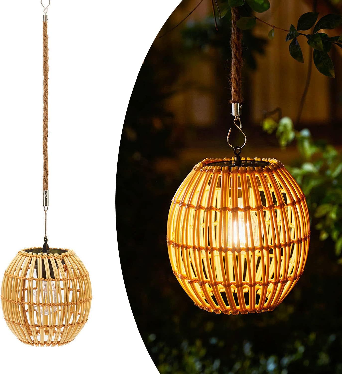 Livinlarge Hanging Solar Lantern Outdoor Waterproof, Large Solar Rattan Lantern Outdoor with Twine Handle, Bright Outdoors Hanging Lights with Edison Bulb for Garden Patio Yard Decoration