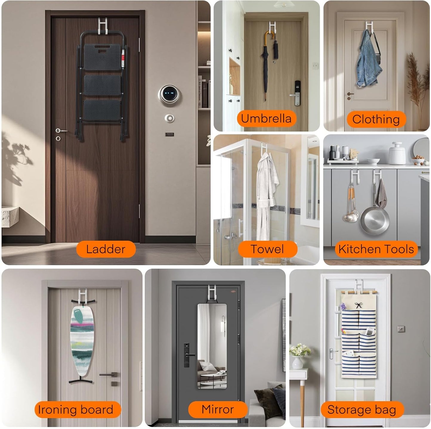 FYY Over The Door Hooks - 4 Pack Heavy Duty Dual-Hook Organizer Hanger with Non-Slip Rubber for Towels, Clothes, Hats & Bags Use in Bathroom, Bedroom, Kitchen - Fits Interior Doors Up to 1 3/8" White