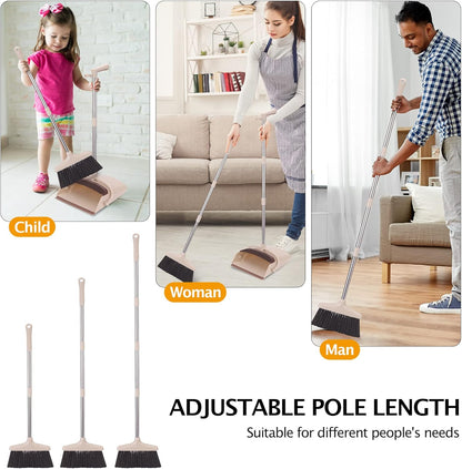 Broom and Dustpan Set with Long Handle, Light Weight Stainless Steel Poles Stand Upright Dustpans with Broom Combo for Home Kitchen Office Pet Dog Hair, Brown & Beige Color, 1-Pack