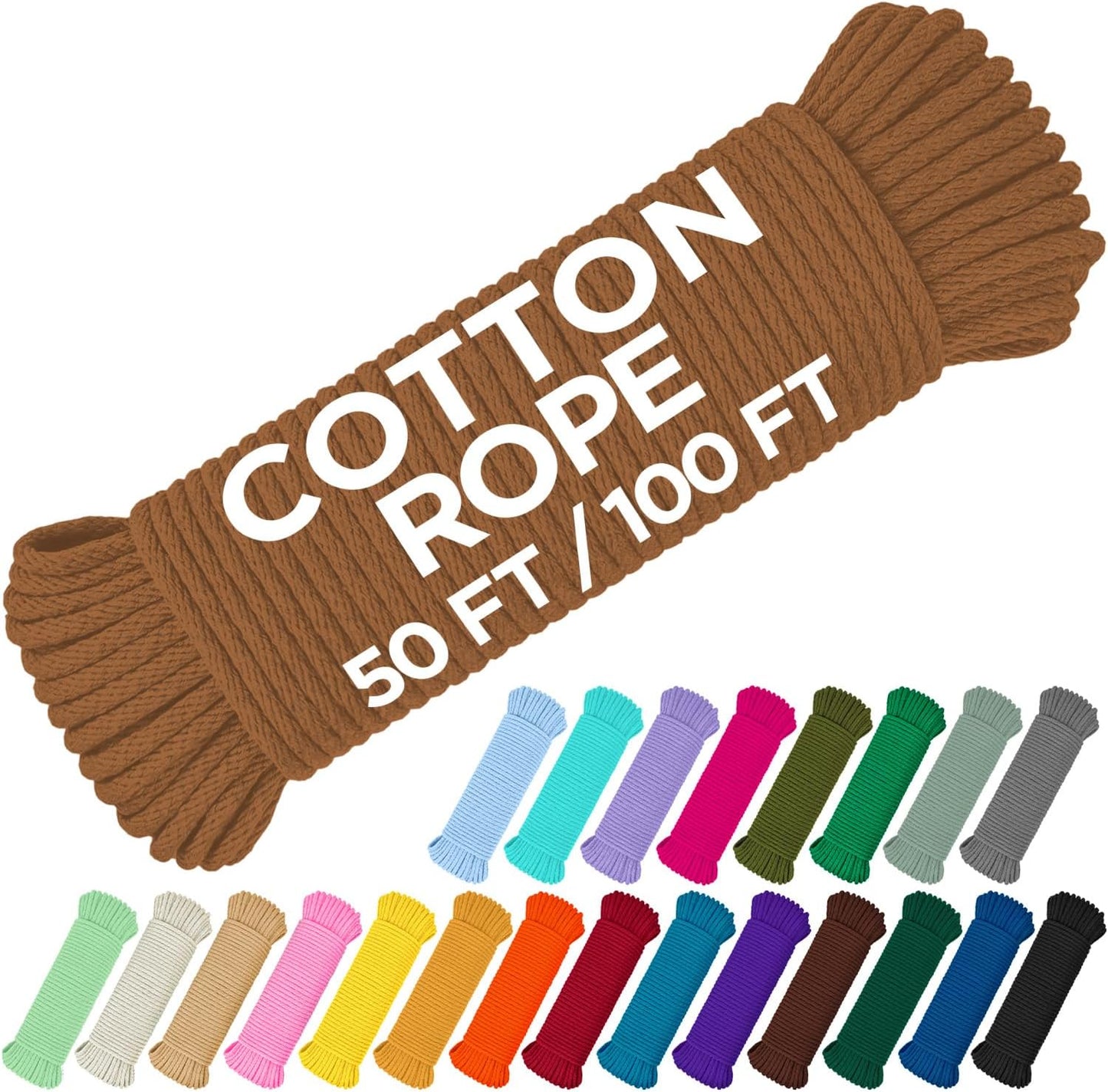 TECEUM Cotton Rope 3/16” (5 mm) – 100 FT – Strong All-Purpose Braided Rope – Natural Cotton – for Crafting, Сamping, Clothes Line, DIY, Indoor & Outdoor Use – Ochre