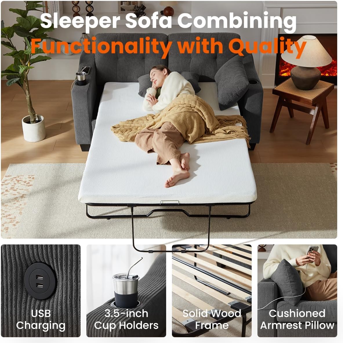 Pull Out Sofa Bed, Full Size Sleeper Sofa, 2-in-1 Convertible Corduroy Couch with USB Charging, Memory Form Couch for Living Room, Apartment and Small Space (Dark Grey, Corduroy - Full Size)