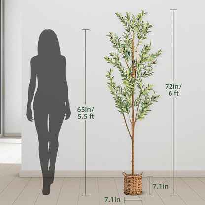 6ft Artificial Olive Tree with LED Fairy Lights, Tall Faux Potted Plant with Woven Basket - Natural Wooden Trunk & Lifelike Leaves & Fruits for Indoor Home Office Foyer Decor Housewarming Gift