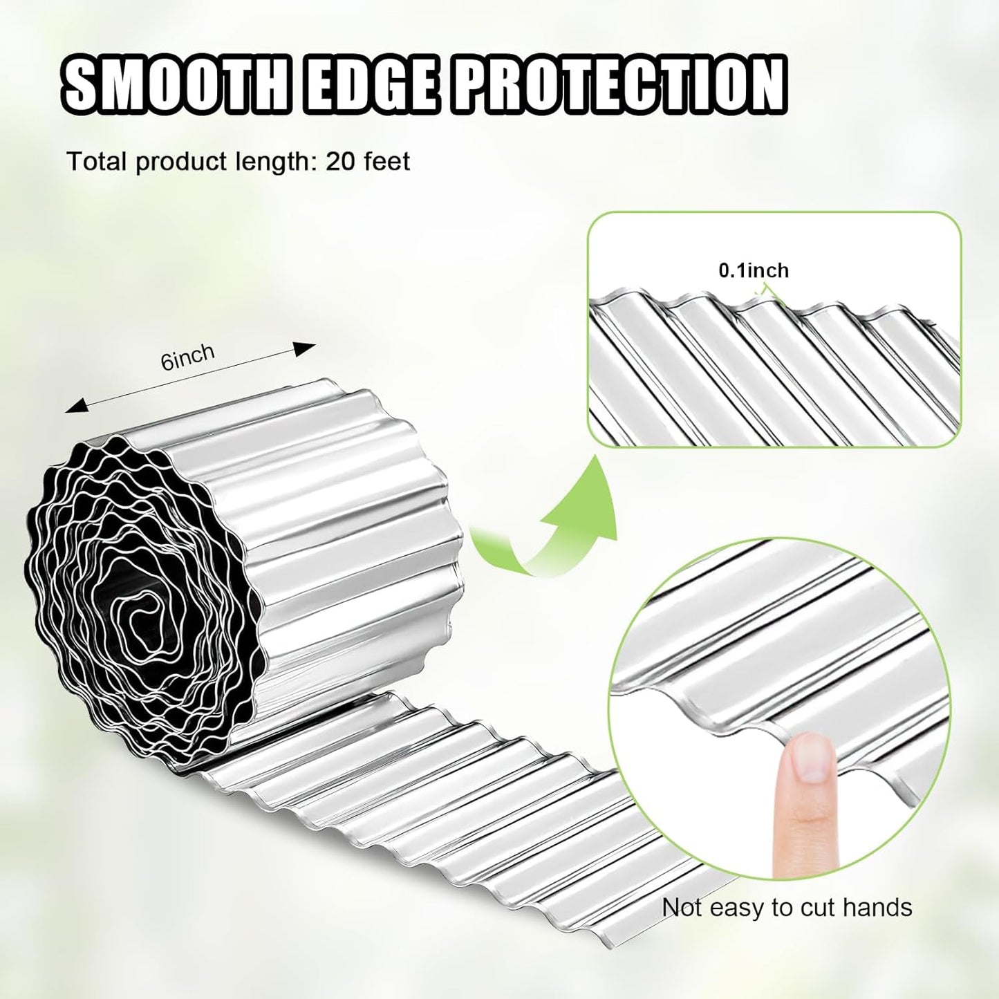 Corrugated Metal Garden Edging - 6 Inch X 20 FT Landscape Edging Border, Flexible Border for Garden Fence, Flower Bed, and Lawn (Silver)